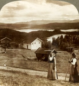 Maalaistytöt heinäajassa - Bolkesjo- ja Folsjo-järvien yli Himingen-vuorelle, Norjaan, 1905. tekijältä Unbekannt