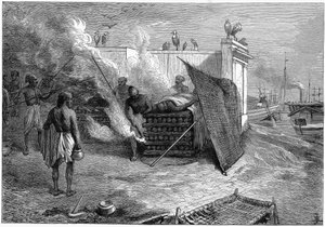 Kuolleiden polttohautaus hautausmailla, Kalkutta, Intia, 1879 tekijältä Unbekannt