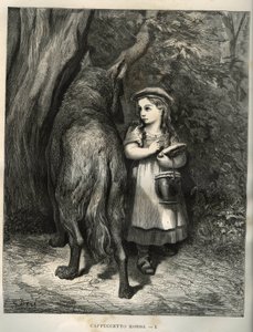 Metsän ylittäessä pieni punahilkka kohtaa suden. Gustave Doren (1832-1883) kaiverrus Charles Perraultin (1628-1703) teoksesta "Les contes" tekijältä Unbekannt