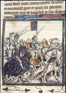 Ristiretkeläisten ja saraseenien taistelut kolmannen ristiretken aikana Chroniques de France ou de St Denisistä, vuoden 1380 jälkeen tekijältä Unbekannt