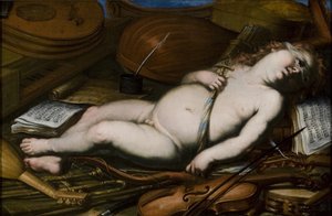 Amor soittimien joukossa, 1600-luvun puoliväli tekijältä Unbekannt