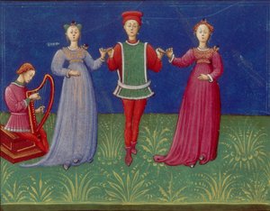 Tanssitunnit. Lähettäjä: De pratica seu arte tripudii tanssin harjoittamisesta tai taiteesta, 1463. tekijältä Unbekannt