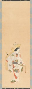 Tanssija valkoisessa mekossa, kuvioitu värillisillä lehdillä..., Edo-kausi, Kambun-aika, 1661-1673. tekijältä Unbekannt
