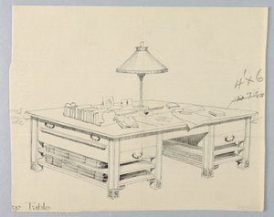 Suunniteltu massiiviselle kirjaston säilytyspöydälle, jossa on kaksi avointa kantohyllyä kummallakin puolella, 1900–05 tekijältä Unbekannt