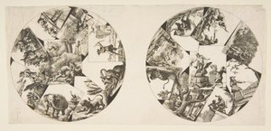 Suunnitelmat lautasille Audrys Illustrationsista La Fontainen taruihin, vuoden 1755 jälkeen. tekijältä Unbekannt