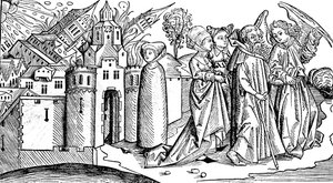 Sodoman ja Gomorran tuho maanjäristyksessä, 1493 tekijältä Unbekannt