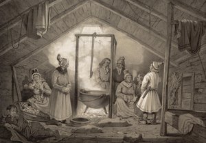 Det indre af en bondehytte in Finmarken. Kuvaus Norge fremstillet ja Tegninger av Asbjørnsen, P.Chr. ja utgitt av Chr. Tønsberg (nro, 1848) Søndagskledte samer i ei årestue. «Træhytter (...) forekomme kun undtagelsesvis, hos Sölapperne tekijältä Unbekannt