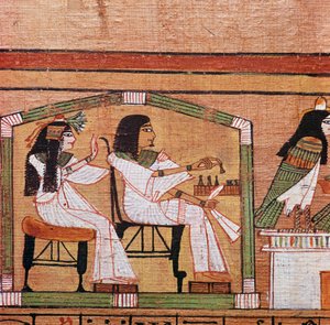 Yksityiskohta egyptiläisestä papyruksesta, jossa näkyy luonnospeli tekijältä Unbekannt