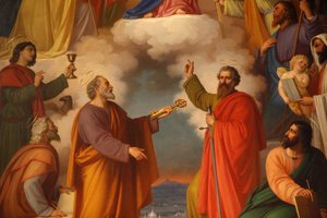 Yksityiskohta maalauksesta Basilica di Maria Ausiliatricessa, jossa on Pyhä Pietari ja Paavali Torinossa Italiassa tekijältä Unbekannt