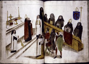 Jumalanpalvelus kreikkalaisen ortodoksisen rituaalin mukaan julkaisusta: Ulrich Richental Chronicle of Constance of Constance, 1414-1418 tekijältä Unbekannt