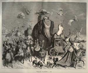 Aasin iho: karossi ja morsiuskorteesi. Gustave Doren (1832-1883) kaiverrus Charles Perraultin (1628-1703) teoksesta "Les contes" tekijältä Unbekannt