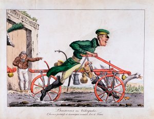 Draisienne tai velocipede, joka on esitetty hevosia korvaavana Ranskan postissa, 1818 tekijältä Unbekannt