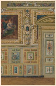 Piirustus, Seinäleikkaus, jossa on maalattujen paneelien ryhmiä, soikea kammio, Salon Louis XIV, Fontainebleaun palatsi, Ranska tekijältä Unbekannt