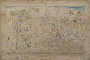 Durga, Kali ja viisi matrikasta taistelevat demoni Shumbhan demoniarmeijaa vastaan..., ka. 1780. tekijältä Unbekannt