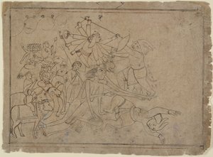 Durga, Kali ja matrikas taistelevat demoni Raktabijaa vastaan: kohtaus Devi Mahatmyasta, Ka. 1780. tekijältä Unbekannt
