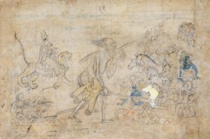 Durga ja Kali lähestyvät Chandan ja Mundan koottuja armeijoita..., n. 1780. tekijältä Unbekannt