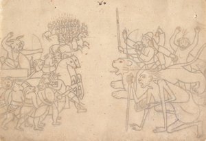Durga ja Kali lähestyvät Chandan ja Mundan koottuja armeijoita... Devi Mahatmyaa, n. 1780. tekijältä Unbekannt