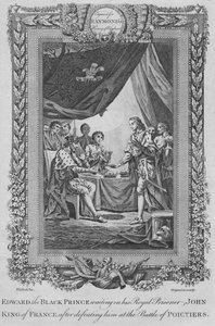 Edward Musta prinssi odottaa kuninkaallista vankiaan Johnia, Ranskan kuningasta, vuodelta 1787 tekijältä Unbekannt