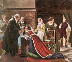 Valtsija Elisabeth ottaa ehtoollisen protestanttisen jumalanpalveluksen jälkeen vuonna 1936. tekijältä Unbekannt