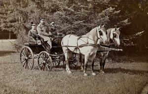 Keisari Aleksanteri III 1845-1894 ja keisarinna Maria Fjodorovna 1847-1928 hevoskärryissä. tekijältä Unbekannt