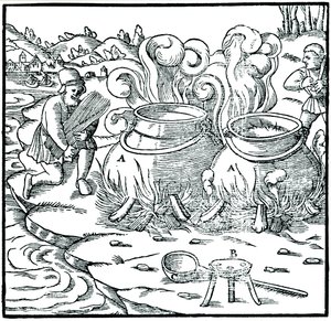Meriveden haihdutus rautakatiloissa suolan saamiseksi, 1556 tekijältä Unbekannt