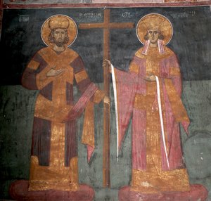 Ristin korotus. Pyhät Konstantinus Suuri ja Helena, noin 1350 tekijältä Unbekannt