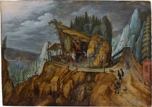 Upea kivinen maisema Pyhän Antoniuksen kiusauksella, 1600. tekijältä Unbekannt