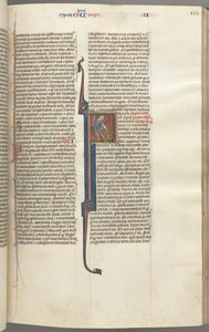 Fol. 112r, Kings II, historiallinen alkukirjain F, amalekilaisten pään mestaus, n. 1275-1300. tekijältä Unbekannt