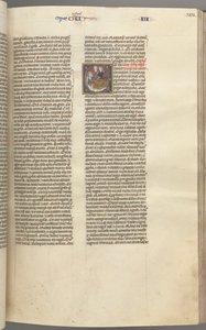 Fol. 123r, Kings III, historiallinen alkukirjain E, avustaja, joka toi Abisagin Daavidille..., n. 1275-1300 tekijältä Unbekannt