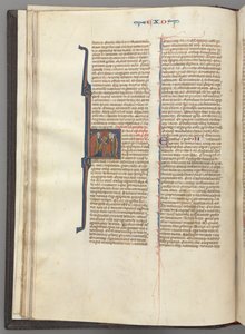 Fol. 20v, Exodus, historiallinen alku H, Mooses ja kaksi seuraajaa lain tauluilla, n. 127 tekijältä Unbekannt