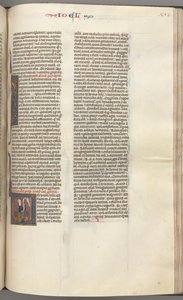 Fol. 353r, Joel, historiallinen alkukirjain V, Joel istuu kirjakäärön kanssa, Jumalan rintakuva yllä, n. 1275-1300. tekijältä Unbekannt