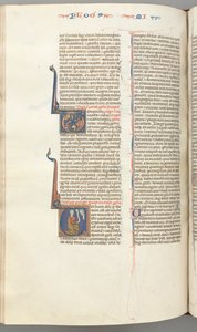 Fol. 358v, Miika, historiallinen alkukirjaus V, Miika polvistumassa, Jumalan rintakuva yllä, n. 1275-1300. tekijältä Unbekannt