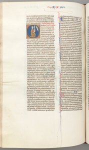 Fol. 360v, Nahum, historiallinen alkukirjain O, Nahum polvistumassa kirjakääröllä, Jumalan rintakuva yllä, n. 1275-13 tekijältä Unbekannt