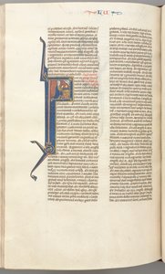 Fol. 412v, Luke, historiallinen alkukirjaus F, Luukas rukoilee alttarilla, Jumalan rintakuva yllä, n. 1275-1300. tekijältä Unbekannt