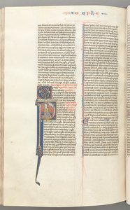Fol. 450v, efesolaisille, historiallinen alkukirjaus P, Paavali istuu miekalla, Jumalan rintakuva yllä, n. 127 tekijältä Unbekannt