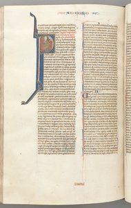 Fol. 453v, kolossalaiset, historiallinen alkukirjain P, Paavali seisomassa puhumassa Jumalan rintakuvalle yläpuolella, n. 127 tekijältä Unbekannt
