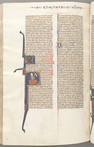 Fol. 455v, Thessalonikalaisille II, historiallinen alkukirjain P, Paavali istuu miekalla..., n. 1275-1300. tekijältä Unbekannt