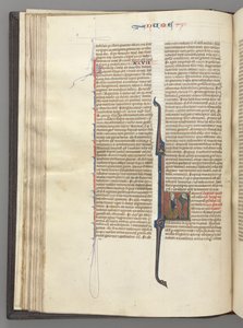 Fol. 46v, Numbers, historiallinen alkukirjain L, Mooses sarvet, polvistumassa Jumalan edessä, n. 1275-1300. tekijältä Unbekannt