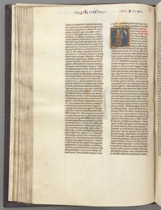 Fol. 76v, Joshua, historiallinen alkukirjain E, Joosua kirjakääröllä polvistumassa Jumalan edessä, n. 1275-1300. tekijältä Unbekannt