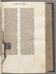 Fol. 86r, tuomarit, historiankirjoitettu alkukirjain R, Juuda istuu kirjan kanssa, joka puhuu Jumalalle, n. 1275-1300. tekijältä Unbekannt