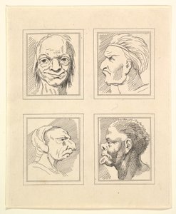 Neljä päätä Leonardo da Vincin Characaturasista, Wincelslaus Hollarin piirustuksista, o..., 1786. tekijältä Unbekannt