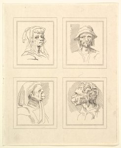 Neljä päätä Leonardo da Vincin Characaturasista, Wincelslaus Hollarin piirustuksista, o..., 1786. tekijältä Unbekannt