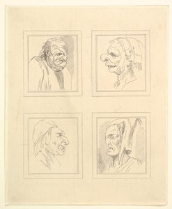 Neljä päätä Leonardo da Vincin Characaturasista, Wincelslaus Hollarin piirustuksista, o..., 1786. tekijältä Unbekannt
