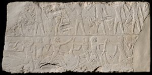 Fragmentti haudan seinästä, joka kuvaa uhrien kantajia ja teurastajia, Egypti, vanha kuningaskunta, dynastian puoliväli... tekijältä Unbekannt