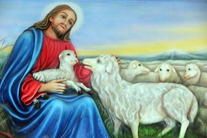 Marian kirkon fransiskaaniset lähetyssaarnaajat. Jeesus, hyvä paimen. Maalaus. Ho Chi Minh City. Vietnam tekijältä Unbekannt
