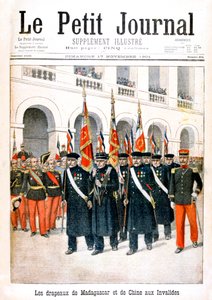 Ranskalaiset sotaveteraanit kantoivat Madagaskarin ja Kiinan kampanjan lippuja, 1901 tekijältä Unbekannt