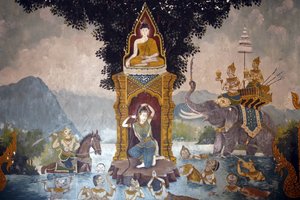 Fresko, joka kuvaa kohtausta Buddhan elämästä Wat Phra Doi Suthepissa Chiang Maissa. Phra Mae Thorani vääntelee pitkiä hiuksiaan ja vesivirrat aiheuttavat tulvan. Thaimaa tekijältä Unbekannt