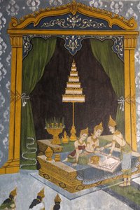 Fresko, joka kuvaa kohtausta Buddhan elämästä Wat Phra Doi Suthepissa Chiang Maissa. Nuori Buddha prinssinä. Thaimaa tekijältä Unbekannt