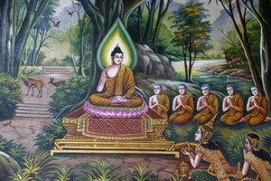 Fresko, joka kuvaa Buddhaa seuraajineen Wat Chiang Munissa Chiang Maissa. Thaimaa tekijältä Unbekannt