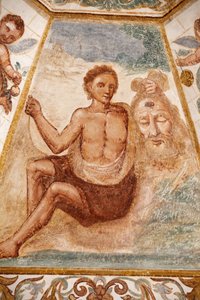 Fresko Dominikaanisessa kirkossa, Muro Leccese, Apulia: mies pitelee Johannes Kastajan päätä, Muro Leccese, Italia tekijältä Unbekannt